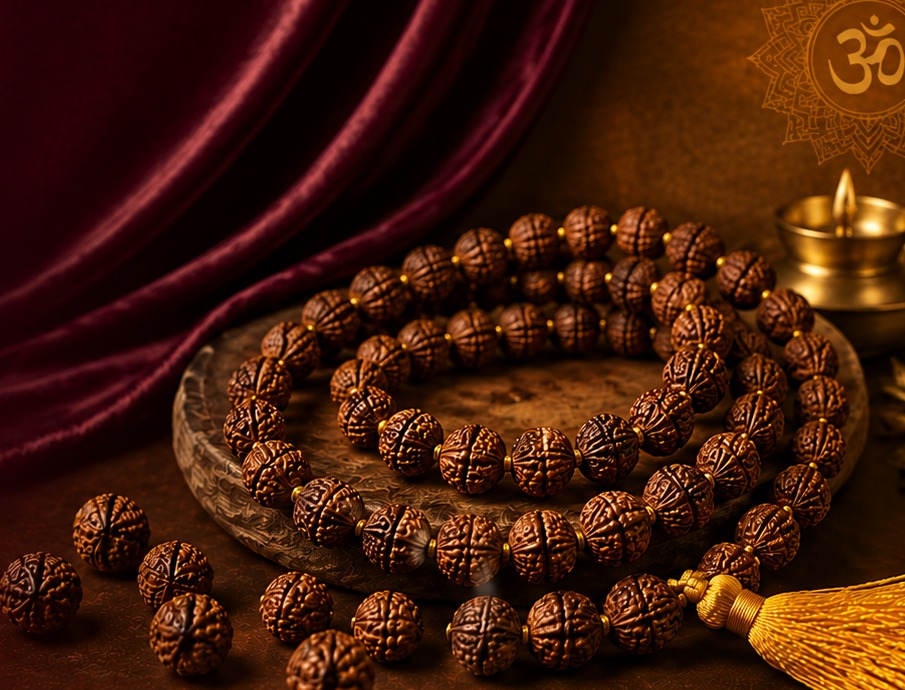 Rudraksha mala with brass diya and Om medallion