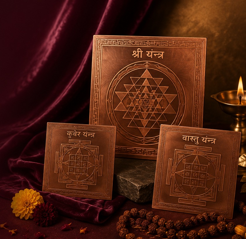 Shri Yantra, Kuber Yantra and Vastu Yantra displayed with a diya and rudraksha mala